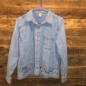 Cute Embroidered Long Sleeve Denim Button Up